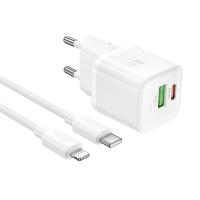 Сетевое зарядное устройство HOCO N65 Ingenious 1xUSB + 1xUSB-C с Кабелем Type-C - Lightning, 3A, 20W, белый