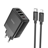 Сетевое зарядное устройство HOCO C127A Intelligent 3xUSB + 1xUSB-C с Кабелем Type-C - Lightning, 45W, черный