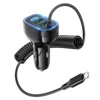 Автомобильное зарядное устройство HOCO NZ11A Guide, 1xUSB + 2xUSB-C с Кабелем Lightning, 3A, 30W, черный