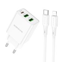 Сетевое зарядное устройство BOROFONE BA70A Quick 2xUSB + 1xUSB-C с Кабелем Type-C - Lightning, 3A, 20W, белый