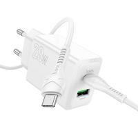 Сетевое зарядное устройство HOCO N69 Nuevo 1xUSB + 1xUSB-C с Кабелем Type-C - Type-C, 3A, 20W, белый