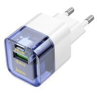Сетевое зарядное устройство HOCO C131A Platinum 1xUSB + 1xUSB-C, 3A, 30W, прозрачный синий