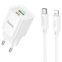 Сетевое зарядное устройство HOCO C147A Charm 1xUSB + 1xUSB-C с Кабелем Type-C - Lightning, 3A, 20W, белый