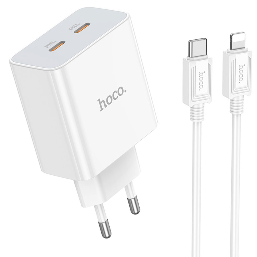 Сетевое зарядное устройство HOCO C108A Leader 2xUSB-C с Кабелем Type-C -  Lightning, 3.0A, 35W, белый оптом