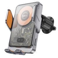 Автомобильный держатель HOCO HW7 Transparent, зажимной с беспроводной зарядкой, 15W, на воздуховод, серый металлик