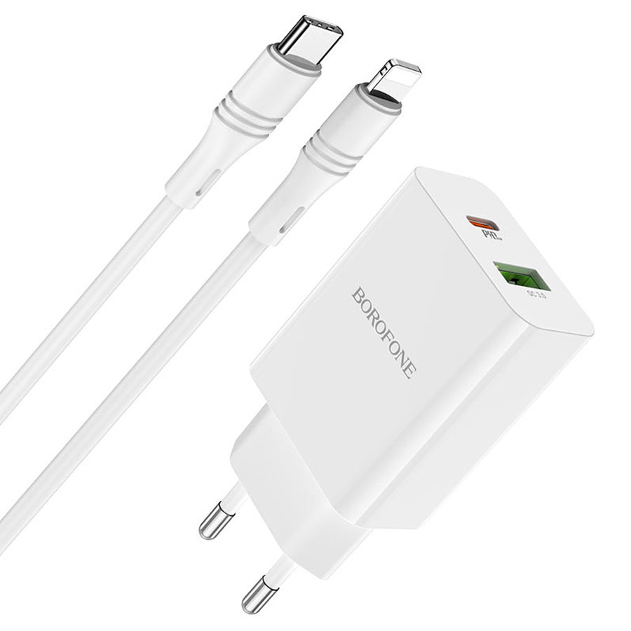 Сетевое зарядное устройство BOROFONE BA56A Lavida 1xUSB + 1xUSB-C с Кабелем  Type-C - Lightning, 3.0A, 18W, белый