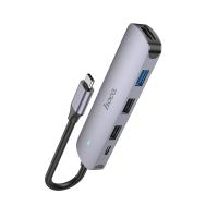 USB HUB разветвитель HOCO HB27 5 в 1 Type-C (m) - USB3.0 + 2xUSB2.0 + Type-C PD + HDMI, 14 см, серый металлик