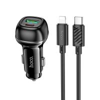 Автомобильное зарядное устройство HOCO Z58A Rank, 1xUSB + 1xUSB-C с Кабелем Type-C - Lightning, 48W, черный