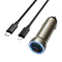 Автомобильное зарядное устройство HOCO Z54A Prosperous, 1xUSB + 1xUSB-C с Кабелем Type-C - Lightning, 48W, золотой
