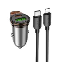 Автомобильное зарядное устройство HOCO NZ16A Rigorous, 1xUSB + 1xUSB-C с Кабелем Type-C - Lightning, 43W, серый металлик