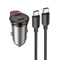 Автомобильное зарядное устройство HOCO NZ16B Rigorous, 2xUSB-C с Кабелем Type-C - Type-C, 45W, серый металлик