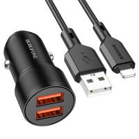 Автомобильное зарядное устройство BOROFONE BZ19 Wisdom, 2xUSB с Кабелем USB - Lightning, 2.4A, 12W, черный