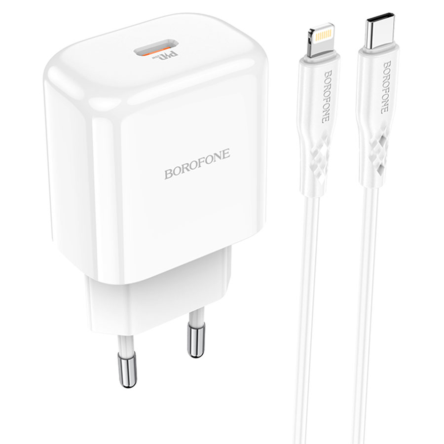 Сетевое зарядное устройство BOROFONE BN3 Premium 1xUSB-C с Кабелем Type-C -  Lightning, 3.0A, 20W, белый оптом