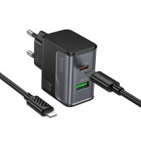 Сетевое зарядное устройство HOCO CS73A Star 1xUSB + 1xUSB-C с Кабелем Type-C - Lightning, 3A, 30W, черный