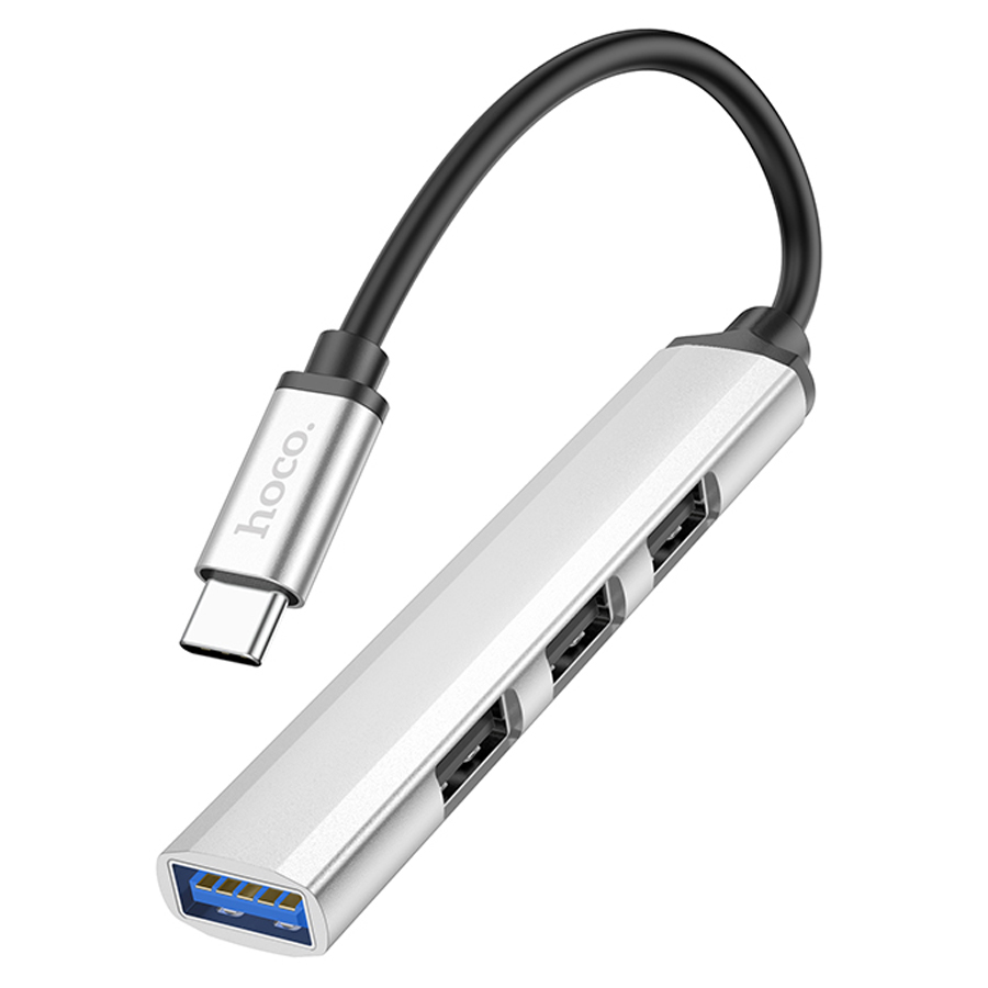 USB HUB разветвитель HOCO HB26 4 в 1 Type-C (m) - USB3.0 (f) + 3xUSB2.0  (f), серебристый оптом