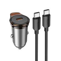 Автомобильное зарядное устройство HOCO NZ16 Rigorous, 1xUSB-C с Кабелем Type-C - Type-C, 30W, серый металлик