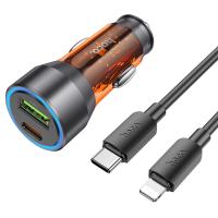 Автомобильное зарядное устройство HOCO NZ12A Action, 1xUSB + 1xUSB-C с Кабелем Type-C - Lightning, 43W, оранжевый