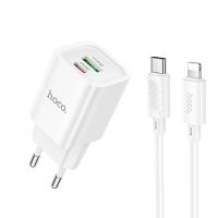 Сетевое зарядное устройство HOCO C149A Charm 1xUSB + 1xUSB-C с Кабелем Type-C - Lightning, 3A, 30W, белый