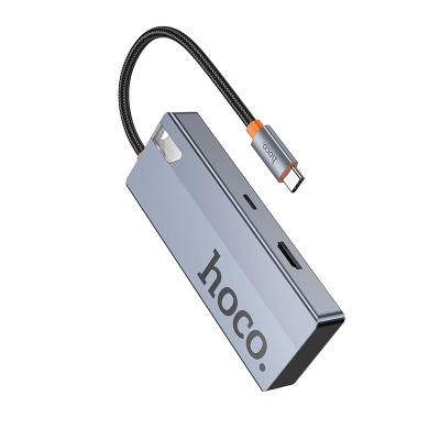 Переходник/Адаптер HOCO HB50 Wow 5 в 1 Type-C (m) - 3xUSB3.0 + Type-C PD + HDMI, 19 см, серый металлик