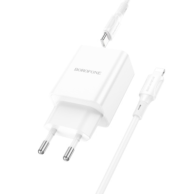 Сетевое зарядное устройство BOROFONE BA70A Quick 2xUSB + 1xUSB-C с Кабелем Type-C - Lightning, 3A, 20W, белый