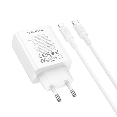 Сетевое зарядное устройство BOROFONE BA106A Stellar 1xUSB + 1xUSB-C с Кабелем Type-C - Lightning, 3A, 20W, белый