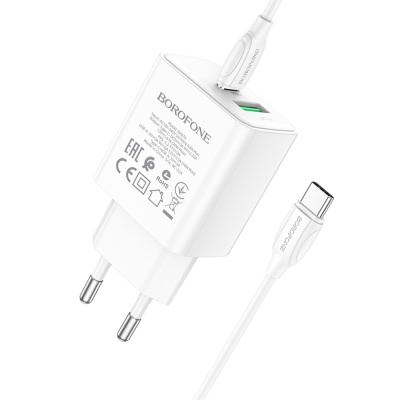 Сетевое зарядное устройство BOROFONE BA67A 1xUSB + 1xUSB-C с Кабелем Type-C - Type-C, 20W, белый