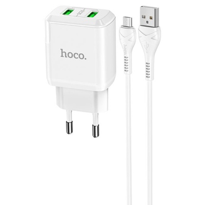 Сетевое зарядное устройство HOCO N6 Charmer 2xUSB с Кабелем USB - Micro, 3A, 18W, белый