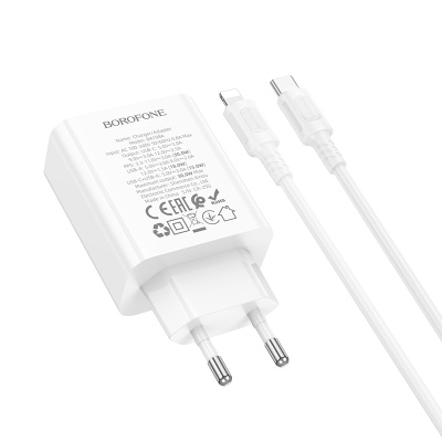 Сетевое зарядное устройство BOROFONE BA108A Stellar 1xUSB + 1xUSB-C с Кабелем Type-C - Lightning, 3A, 30W, белый