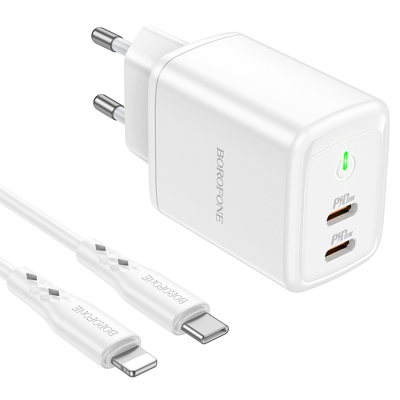 Сетевое зарядное устройство BOROFONE BN9 Reacher 2xUSB-C с Кабелем Type-C - Lightning, 35W, белый