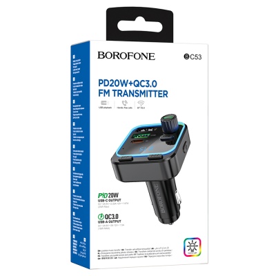 Автомобильное зарядное устройство с FM-Трансмиттер BOROFONE BC53 Highway, 2xUSB + 1xUSB-C, 20W, черный