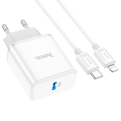 Сетевое зарядное устройство HOCO C104A Stage 1xUSB-C с Кабелем Type-C - Lightning, 20W, белый