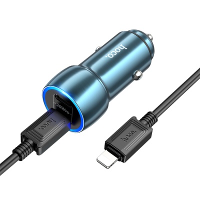 Автомобильное зарядное устройство HOCO Z48 Tough, 2xUSB-C с Кабелем Type-C - Lightning, 40W, синий