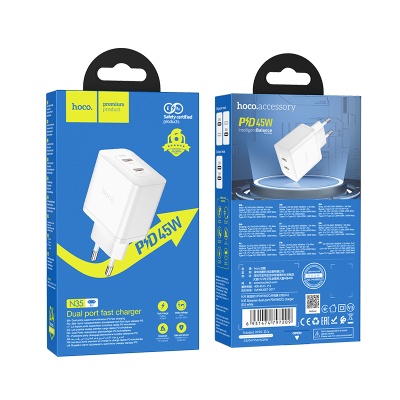 Сетевое зарядное устройство HOCO N35 Streamer 2xUSB-C, 45W, черный