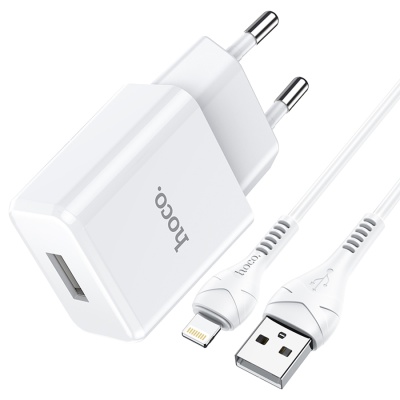 Сетевое зарядное устройство HOCO N9 Especial 1xUSB с Кабелем USB - Lightning, 2.1A, 10W, белый