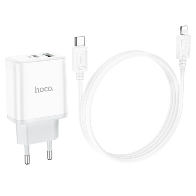 Сетевое зарядное устройство HOCO C105A Stage 1xUSB + 1xUSB-C с Кабелем Type-C - Lightning, 3A, 20W, белый