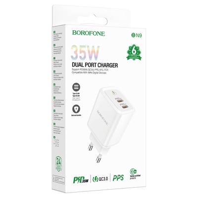 Сетевое зарядное устройство BOROFONE BN9 Reacher 2xUSB-C, 35W, белый