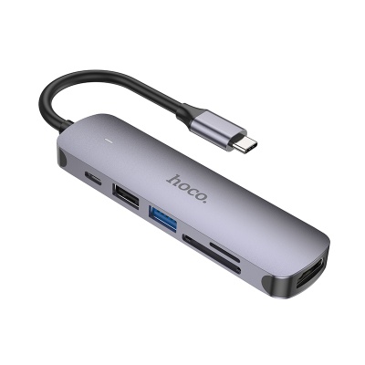 USB HUB разветвитель HOCO HB28 6 в 1 Type-C (m) - USB3.0 + USB2.0 + Type-C PD + HDMI + SD/TF, 14 см, серый металлик