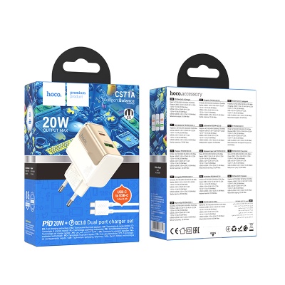 Сетевое зарядное устройство HOCO CS71A Star 1xUSB + 1xUSB-C с Кабелем Type-C - Type-C, 3A, 20W, белый