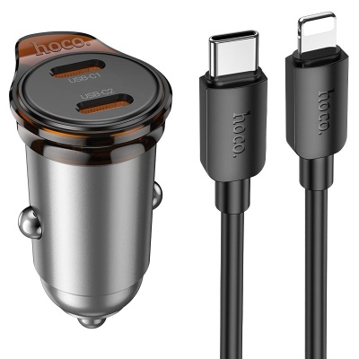 Автомобильное зарядное устройство HOCO NZ16B Rigorous, 2xUSB-C с Кабелем Type-C - Lightning, 45W, серый металлик