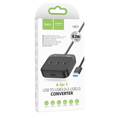 USB HUB разветвитель HOCO HB31 Easy 4 в 1 USB3.0 (m) - 1xUSB3.0 (f) + 3xUSB2.0 (f), 20 см, черный