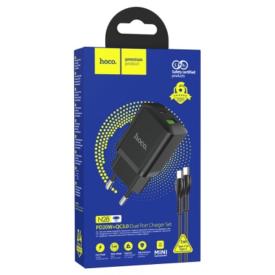 Сетевое зарядное устройство HOCO N28 Founder 1xUSB + 1xUSB-C с Кабелем Type-C - Type-C, 20W, черный