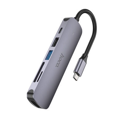 USB HUB разветвитель HOCO HB28 6 в 1 Type-C (m) - USB3.0 + USB2.0 + Type-C PD + HDMI + SD/TF, 14 см, серый металлик