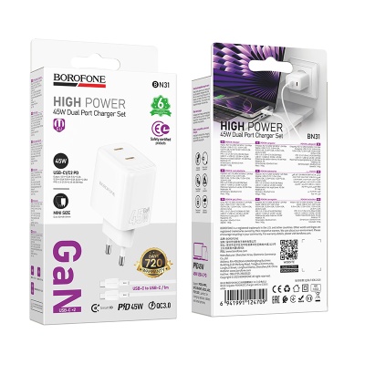 Сетевое зарядное устройство BOROFONE BN31 Cargador 2xUSB-C с Кабелем Type-C - Type-C, 45W, белый