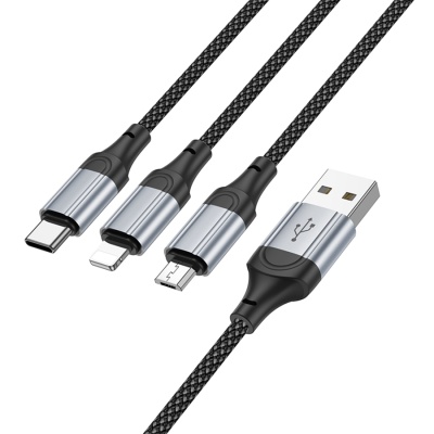 Кабель USB HOCO X102 Fresh 3 в 1 USB - Type-C + Lightning + MicroUSB, 2.4А, 1 м, черный