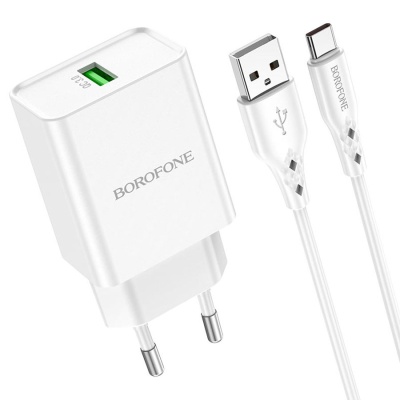 Сетевое зарядное устройство BOROFONE BN5 Jingrui single 1xUSB с Кабелем Type-C, 3.0A, 18W, белый