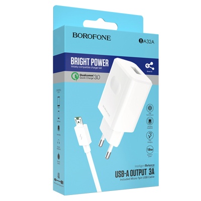Сетевое зарядное устройство BOROFONE BA32A Bright power 1xUSB с Кабелем USB - Micro, 3A, 18W, белый