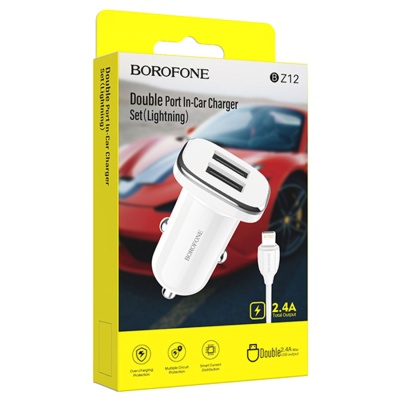 Автомобильное зарядное устройство BOROFONE BZ12 Lasting power, 2xUSB с Кабелем USB - Lightning, 2.1A, белый