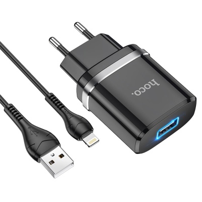 Сетевое зарядное устройство HOCO N1 Ardent 1xUSB с Кабелем USB - Lightning, 2.4A, 10.8W, черный
