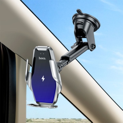 Автомобильный держатель HOCO S14 Surpass, зажимной с беспроводной зарядкой, 15W, на воздуховод/приборная панель/лобовое стекло, черный+серебрянный