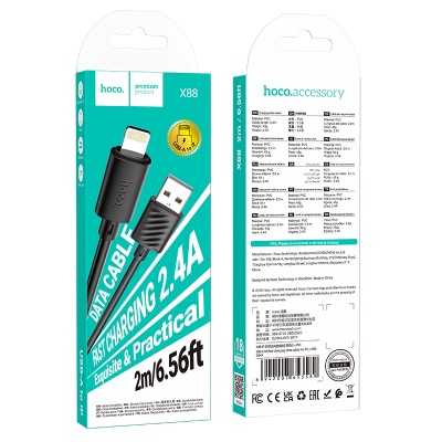 Кабель USB HOCO X88 Gratified USB - Lightning, 2.4А, 2 м, черный